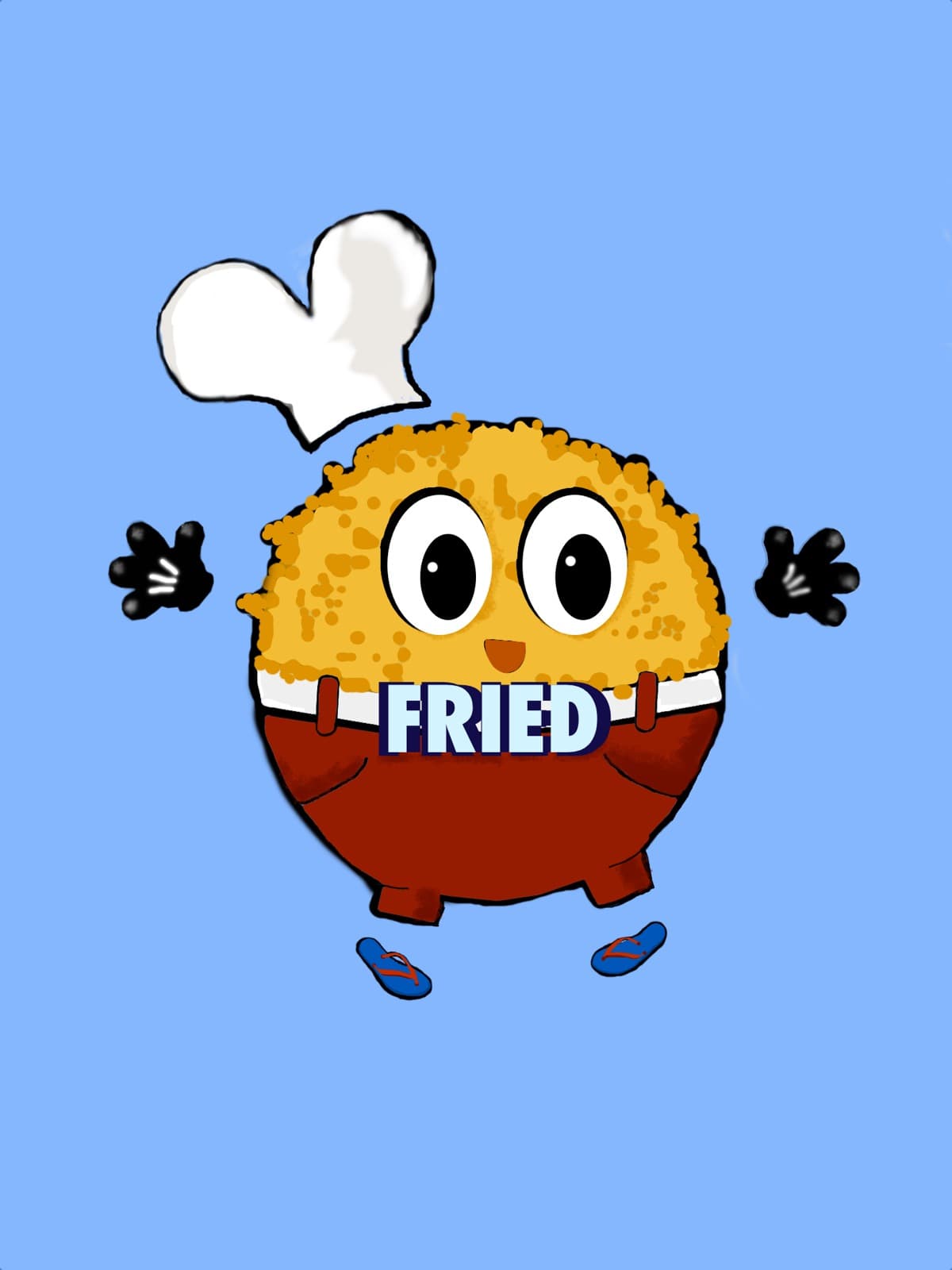 FRIED — das Maskottchen von FoodFighter Catering: eine frittierte Eiskugel mit Kochmütze, Gürtel und Flip-Flops